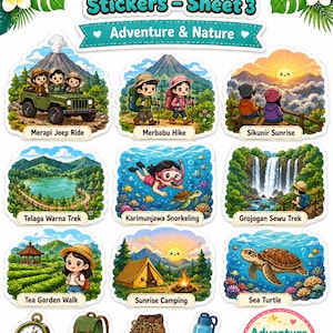 K&ouml;nnte beinhalten: Ein Bogen mit bunten Aufklebern mit Illustrationen von Abenteuern in Zentraljava. Designs umfassen Jeep-Fahrten, Wandern, Schnorcheln, Wasserf&auml;lle, Camping und eine Meeresschildkr&ouml;te. Text: "Cute Central Java Stickers - Sheet 3" und "Adventure & Nature."