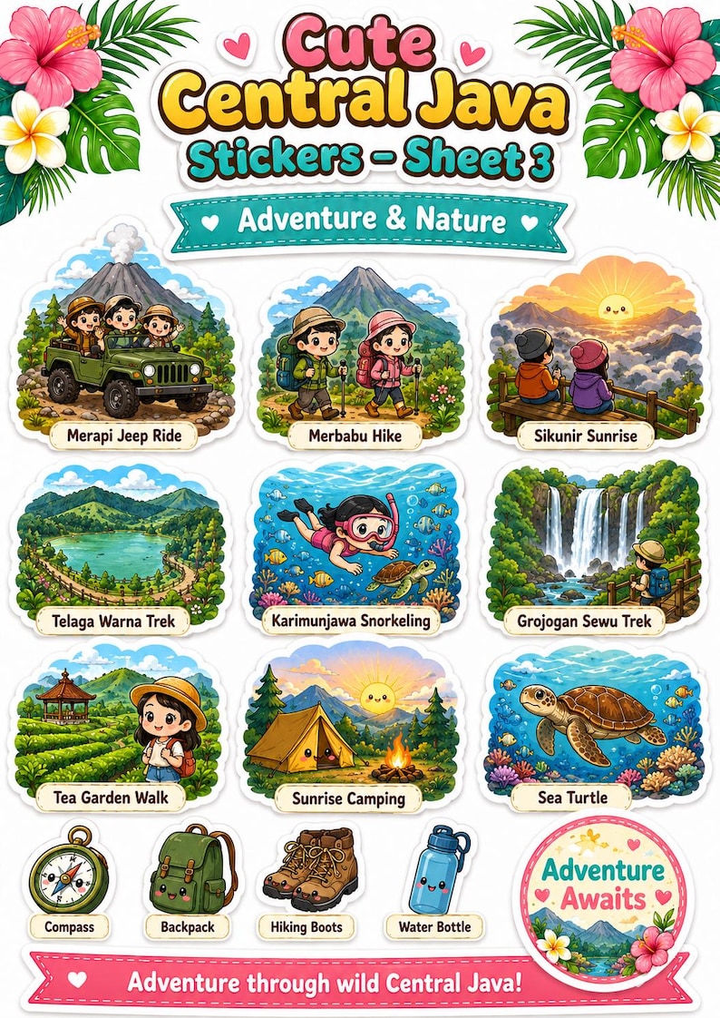K&ouml;nnte beinhalten: Ein Bogen mit bunten Aufklebern mit Illustrationen von Abenteuern in Zentraljava. Designs umfassen Jeep-Fahrten, Wandern, Schnorcheln, Wasserf&auml;lle, Camping und eine Meeresschildkr&ouml;te. Text: "Cute Central Java Stickers - Sheet 3" und "Adventure & Nature."