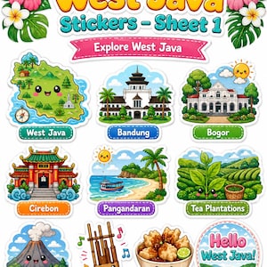 Peut inclure: Une planche d'autocollants colorés représentant des illustrations de Java occidental, en Indonésie. Les autocollants comprennent des images de monuments, de paysages et de la cuisine locale, avec des textes tels que "West Java", "Bandung" et "Batagor". La planche est intitulée "Cute West Java Stickers - Sheet 1".