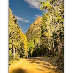 May include: A dirt road winds through a forest with golden autumn leaves on the trees, leading towards a tall, rocky mountain peak under a bright blue sky with thin white clouds. The scene is illuminated by warm sunlight casting long shadows.