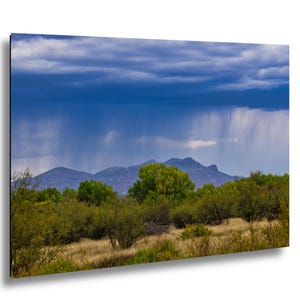 May include: A landscape photograph featuring a mountain range under a dark, heavy storm cloud with visible rain showers falling in the distance. The foreground consists of dry, golden-brown grasses and green desert shrubs under the overcast sky.