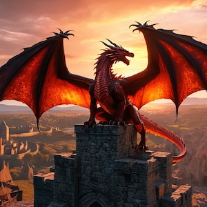 May include: A red dragon with large, fiery wings perched atop a stone castle tower. The dragon is detailed with scales and horns, set against a sunset sky. The scene evokes fantasy and adventure.