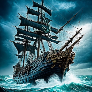 May include: A dark blue pirate ship sails through rough ocean waters under a stormy sky. The ship has black sails and ornate gold detailing on the bow. A large green hook decorates the main mast.