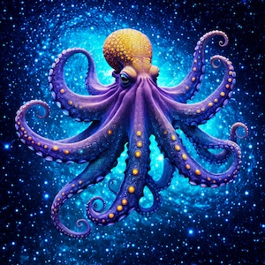 May include: A vibrant illustration of an octopus in space. The octopus is purple with a yellow head and tentacles dotted with yellow circles. The background is a swirling blue galaxy filled with stars, creating a cosmic theme.