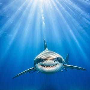 May include: Underwater shot of a great white shark swimming towards the camera. The shark is white and gray, with visible teeth. The background is a deep blue ocean with sunlight streaming down from above.