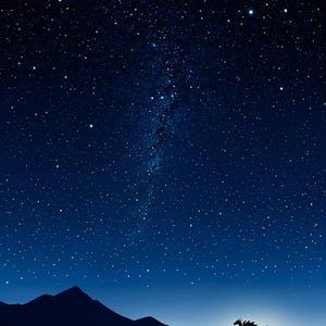 May include: A digital illustration of a starry night sky with a dark blue gradient. The Milky Way is visible. Silhouetted mountains are in the foreground, and a dragon silhouette is on a hill.
