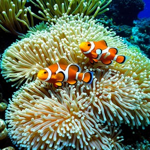 May include: Two orange and white clownfish swim near a sea anemone. The anemone is a light yellow color with long, thin tentacles. The background is a deep blue, suggesting an underwater scene.