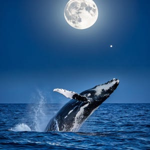 May include: A humpback whale breaches the ocean surface under a full moon. The whale's black and white body contrasts with the dark blue water and sky. Water sprays as the whale leaps, with a bright moon and a star in the background.