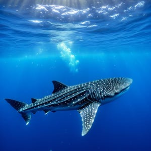 May include: A whale shark swims in deep blue ocean waters. The shark's dark gray body is covered in white spots and stripes. Sunlight streams down from the surface, illuminating the water and the shark.