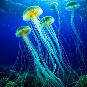 May include: Underwater image of several jellyfish with translucent, bell-shaped bodies and long, flowing tentacles. The jellyfish are a mix of yellow and green, set against a deep blue ocean background. The scene evokes a sense of tranquility and the beauty of marine life.