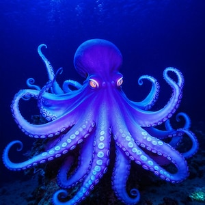 Puede incluir: Un vibrante pulpo morado con ojos naranja brillante y ventosas en sus tentáculos. El pulpo se encuentra sobre un fondo submarino azul oscuro, con burbujas ascendentes. La imagen captura la belleza de la vida marina.