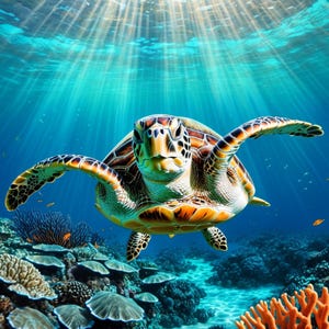 May include: A sea turtle swims gracefully in the ocean, its shell displaying a pattern of brown, orange, and cream. The turtle is surrounded by vibrant coral reefs and the sun's rays filtering through the water, creating a stunning underwater scene.