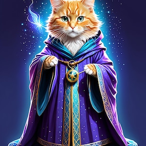 Pode incluir: Uma ilustração fantasiosa de um gato tabby laranja vestido como um mago, usando uma túnica roxa com detalhes dourados e um pingente de estrela. O gato tem olhos verdes e peito branco, em um fundo azul escuro com estrelas brilhantes e luz azul mágica.