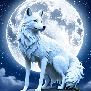 May include: A white wolf with orange eyes sits atop a rock, gazing to the side. A full moon glows brightly behind the wolf, with a starry night sky in the background. The wolf has fluffy fur and a long, curved tail.
