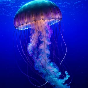Puede incluir: Una medusa vibrante flota en agua azul profundo. La medusa tiene una campana translúcida, con tonos de morado y turquesa. Largos y delicados tentáculos se extienden por debajo, creando una escena submarina.