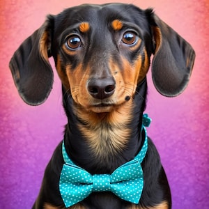 May include: A close-up portrait of a Dachshund dog with a black and tan coat, wearing a turquoise bow tie with white polka dots. The dog has large, expressive brown eyes and floppy ears. The background is a gradient of pink, purple, and orange.