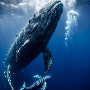 May include: An underwater scene featuring two whales, one large and one smaller, swimming in deep blue water. The larger whale is dark gray with textured skin, while the smaller whale has white stripes. Sunlight streams down from the surface, illuminating the scene.