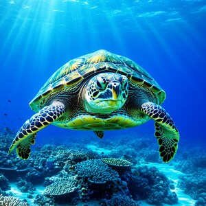 Puede incluir: Una tortuga marina nada en el océano azul profundo. Su caparazón es un mosaico de verdes y amarillos. La tortuga está rodeada de arrecifes de coral y luz solar que se filtra a través del agua.