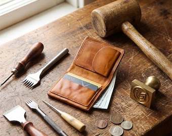 Handcrafted Soft Wash Vintage Leather Wallet • Minimalist Bifold with Coin Pocket • Custom Engraved Ultra Flexible Men's Pocket Billfold