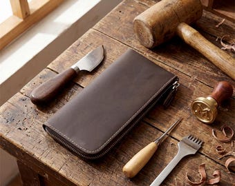 Minimalist Leather Clutch with Phone Pocket , Engraved Crazy Horse Long Wallet and Luxury Travel Passport Billfold