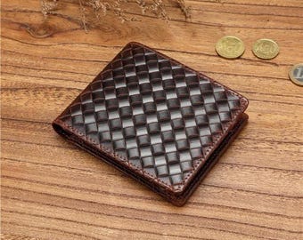Braided Leather Mens Wallet with Snap Coin Pouch, Vintage Crazy Horse Leather Bifold with Custom Engraved ID Window Wallet