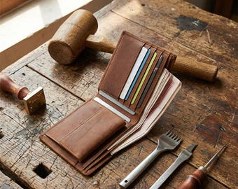 Mens Leather Wallet with Snap Coin Pouch, Vintage Crazy Horse Leather Bifold with Custom Engraved ID Window Wallet