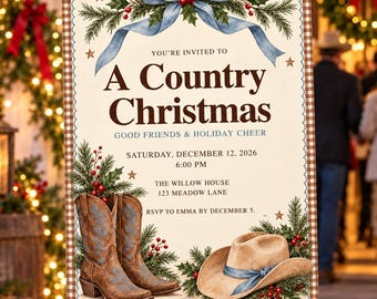 May include: A rectangular invitation card with a brown gingham border featuring a blue ribbon, holly, and stars. Text reads: A Country Christmas, Saturday, December 12, 2026, 6:00 PM, The Willow House, 123 Meadow Lane, RSVP to Emma by December 5.