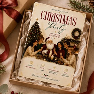 Christmas Party Invitation, Editable Canva Template, Vintage Holiday Invite for Families
