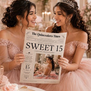 Editable Quinceañera Newspaper Save the Date | Sweet 15 Invitation | Mis Quince Años Canva Template