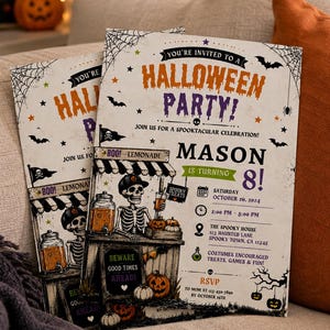 Halloween Birthday Invitation for Kids, Vintage Skeleton Party Invite, Editable Canva Template