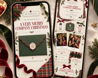 May include: Two smartphones displaying a digital Christmas party invitation template. The screens feature red and green plaid patterns, a dark green envelope with a wax seal, and text reading A Very Merry Company Christmas.