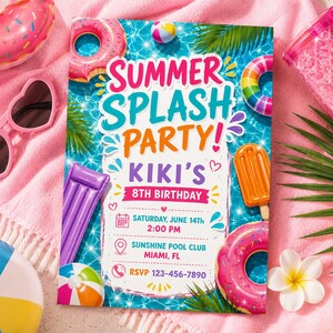 Inbjudan till sommarplask, vattenrutschkana och poolparty för barn, färgglad plaskmatta, redigerbar canvasmall att skriva ut