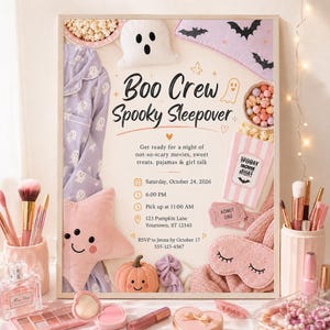 Halloween Sleepover Invite, Editable Canva Template with Pink Ghost Movie Night Design
