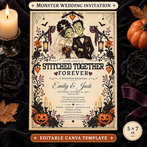 May include: A rectangular wedding invitation template featuring a cartoon monster couple, a bride and groom, surrounded by ornate black ironwork, orange pumpkins, and black roses. The text reads Stitched Together Forever, Emily & Jack, and event details. The design includes a 5 x 7 inch label.
