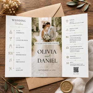 May include: A tri-fold wedding invitation card featuring a central photograph of a couple, a timeline of events from 3:00 PM to 10:30 PM, and details including venue, dress code, accommodation, transportation, website, and a QR code for RSVP.