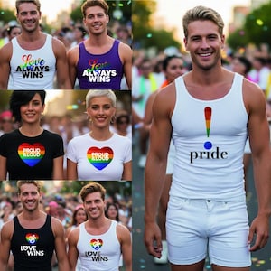 Puede incluir: Un grupo de personas con camisetas y camisetas sin mangas blancas y negras con diseños con temática de orgullo. Las camisas presentan corazones de arcoíris, signos de exclamación y las frases "Love Always Wins", "Proud & Loud" y "Pride".