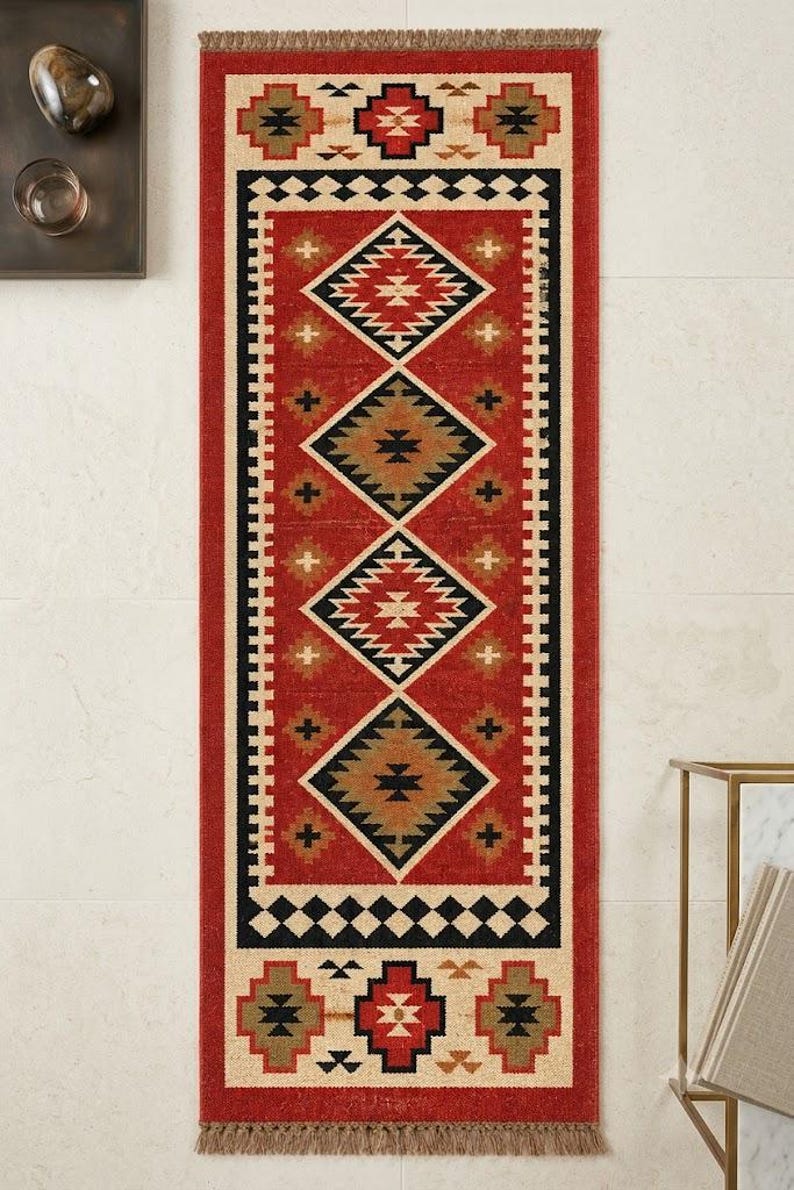 Diamond Runner Rug Handmade Southwestern Kilim Runner Rug, Bohemian Red Wool Jute Hallway ...