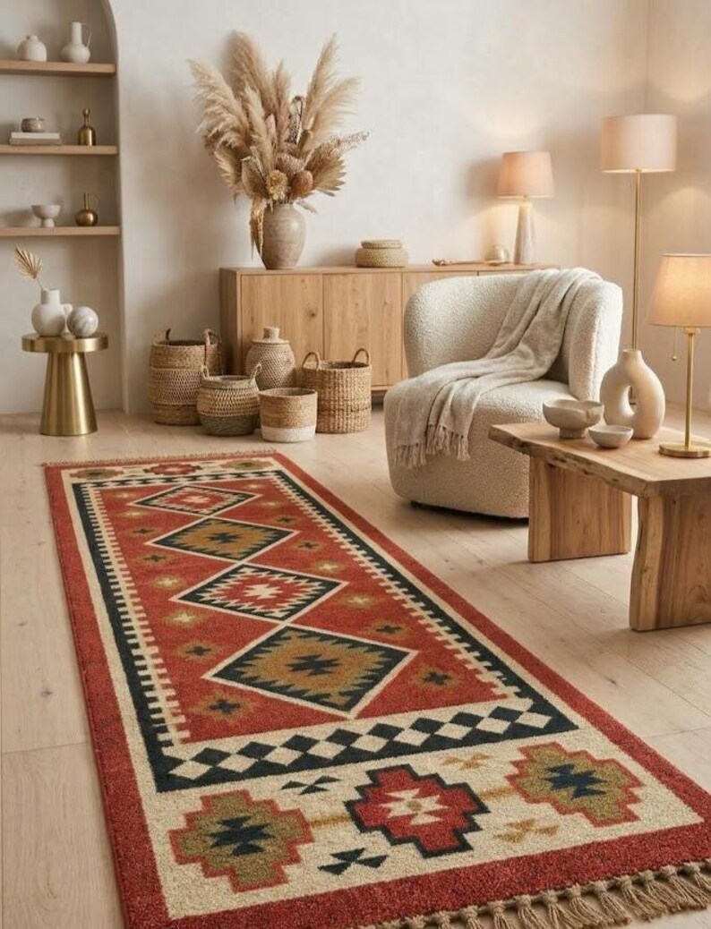 Diamond Runner Rug Handmade Southwestern Kilim Runner Rug, Bohemian Red Wool Jute Hallway ...