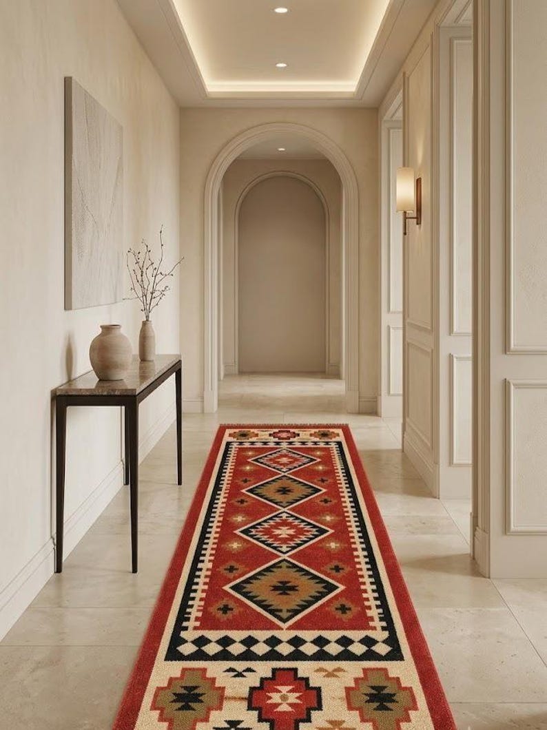 Diamond Runner Rug Handmade Southwestern Kilim Runner Rug, Bohemian Red Wool Jute Hallway ...