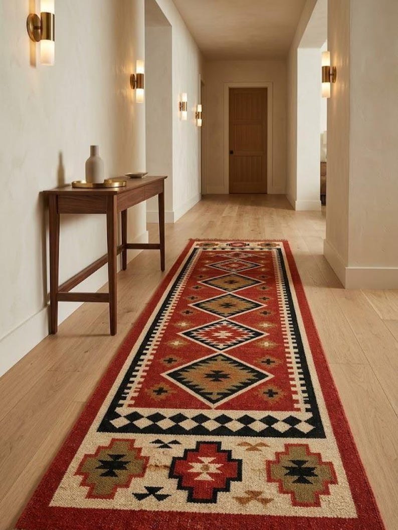 Diamond Runner Rug Handmade Southwestern Kilim Runner Rug, Bohemian Red Wool Jute Hallway ...
