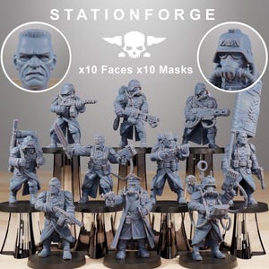May include: A set of ten grey resin miniature soldier figures from StationForge, featuring various poses, military uniforms, and weaponry. The collection includes ten interchangeable heads and ten gas masks for customization of the infantry units.