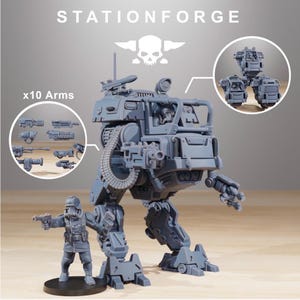 May include: A gray resin miniature kit featuring a bipedal walker vehicle with a pilot, a standing soldier figure, and a circular inset showing ten interchangeable arm weapon options. The text STATIONFORGE appears at the top with a skull icon.