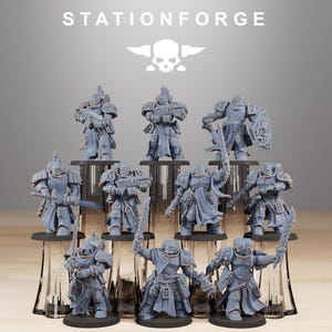May include: A collection of ten unpainted grey resin miniature soldier figures from StationForge. Each figure wears detailed futuristic armor with capes, holding various weapons including swords, shields, and rifles, standing on individual black circular bases.