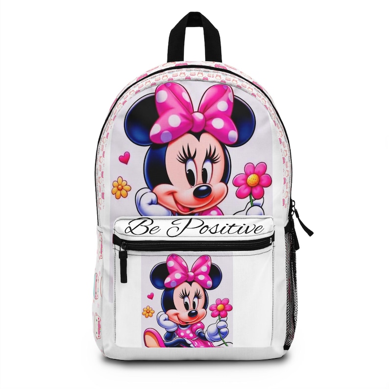 Sac à dos « Be Positive » Minnie Mouse | Joli sac rose pour enfant à motif floral et dessin animé image 1