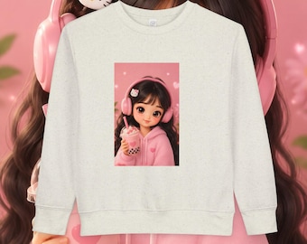 バブルティーを持ったかわいい女の子の幼児用スウェットシャツ｜ピンクのヘッドホン、かわいいキャラクター