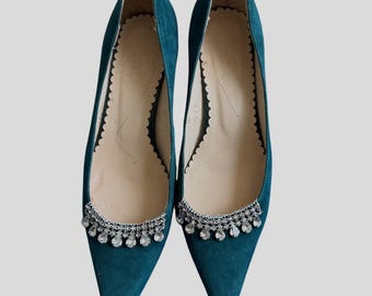 Rosa Vintage Teal Grün Suede Spitze Kitten Heels Strassstein Juwel 7US / 37EU