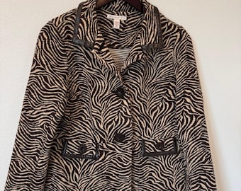 Blazer marron à imprimé zèbre JM Collection avec finitions en similicuir - Style Y2K, rétro