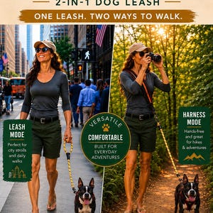 Puede incluir: Una correa para perro de cuerda amarilla y negra con herrajes met&aacute;licos, mostrada en dos configuraciones: modo de correa de mano est&aacute;ndar y modo de arn&eacute;s manos libres para llevar al hombro. Producto Sidekick Leash Company 2 en 1.