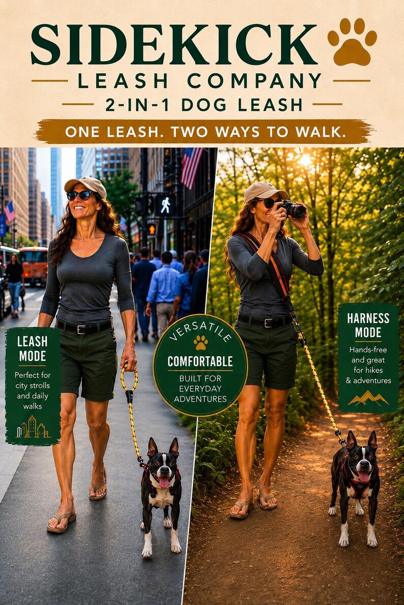 Puede incluir: Una correa para perro de cuerda amarilla y negra con herrajes met&aacute;licos, mostrada en dos configuraciones: modo de correa de mano est&aacute;ndar y modo de arn&eacute;s manos libres para llevar al hombro. Producto Sidekick Leash Company 2 en 1.