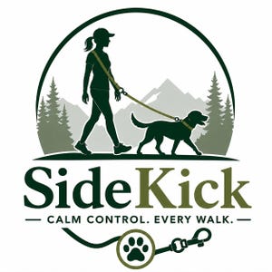 Puede incluir: Un logotipo circular con la silueta verde oscuro de una persona paseando a un perro con correa frente a un fondo de monta&ntilde;as y pinos. Debajo del gr&aacute;fico, el texto dice SideKick, seguido de CALM CONTROL. EVERY WALK. y un icono de huella.